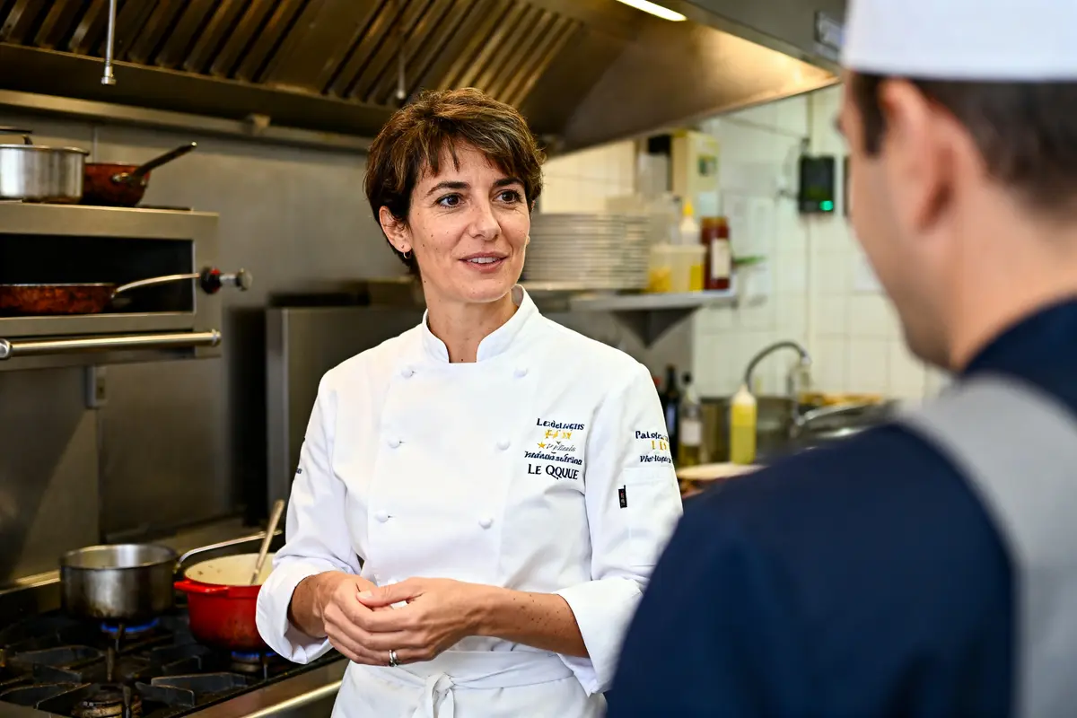 pexels-michal-pech-213601-757318 (1) Stéphanie Le Quellec échange avec un collègue dans une cuisine professionnelle active et équipée