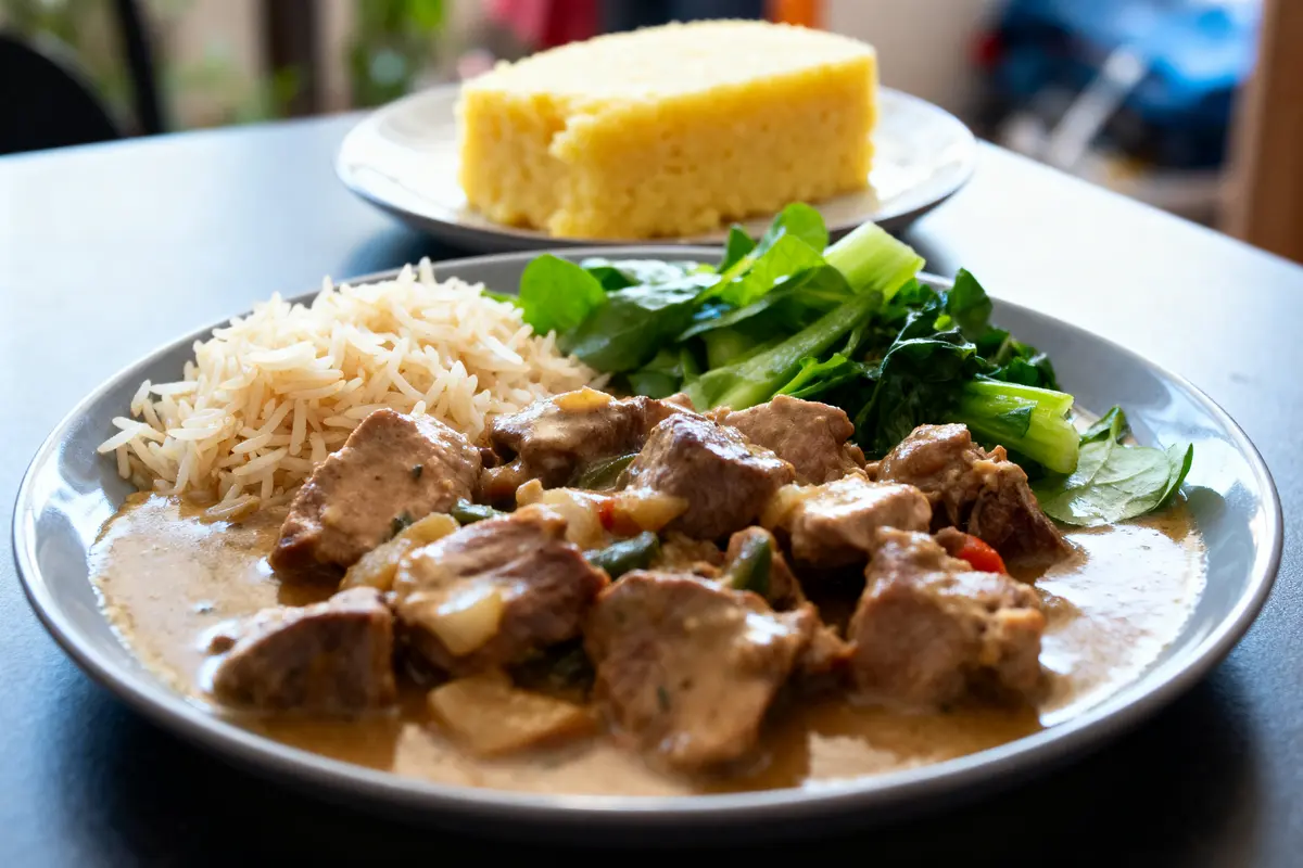 Assiette avec ragoût de viande, riz, légumes verts, et polenta en arrière-plan sur table.