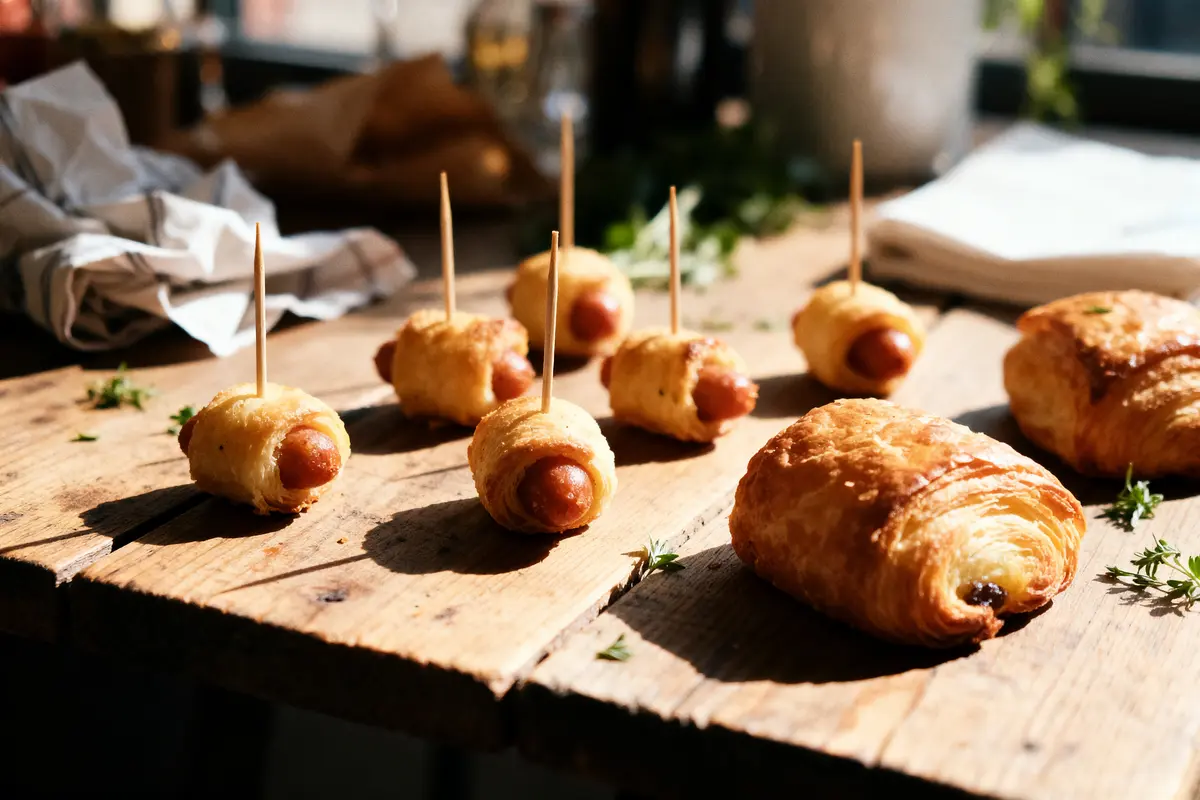 Petits pains farcis sur table en bois, éclairage naturel, décor verdoyant en arrière-plan. Croissants visibles.