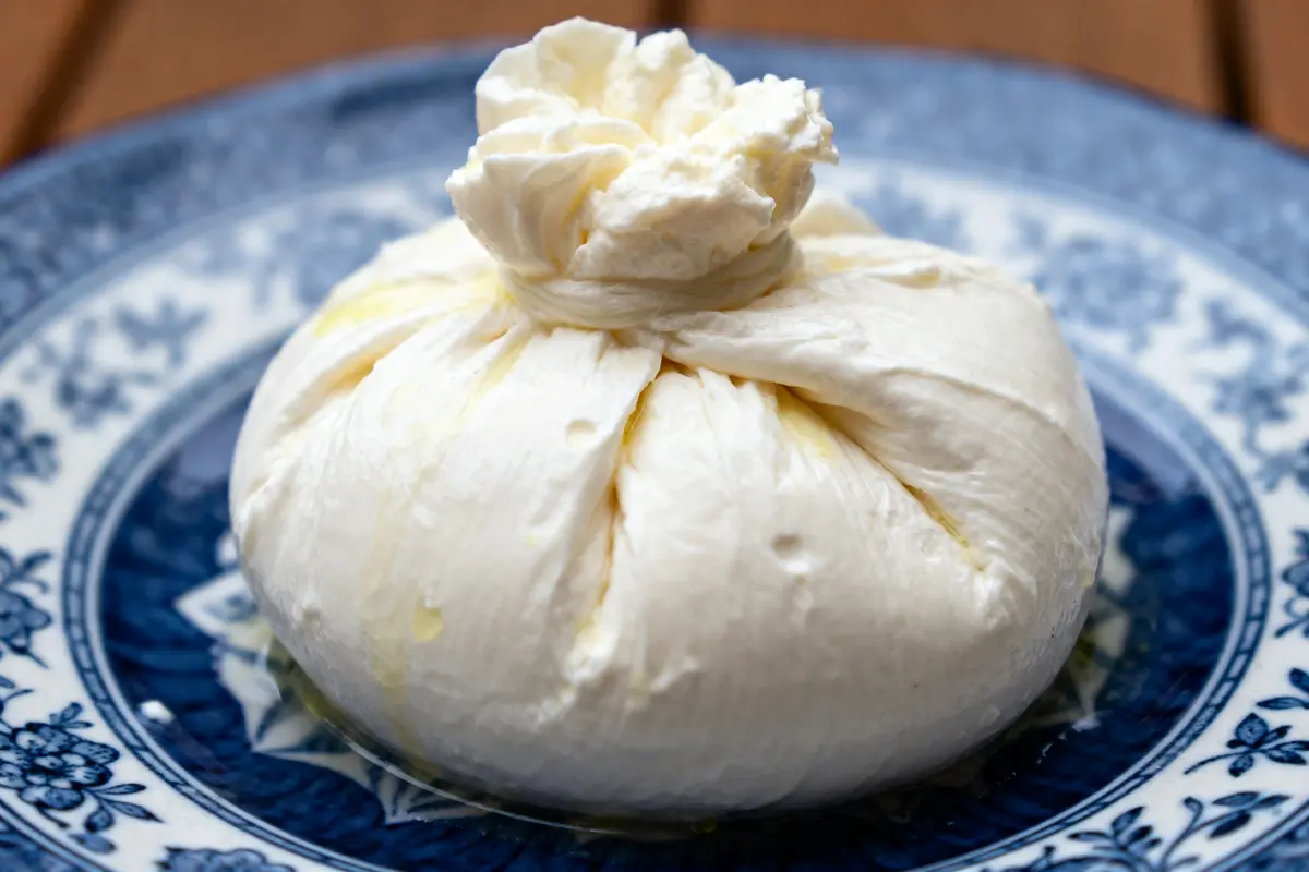 Fromage Burrata crémeux sur assiette bleu et blanche, motif floral, éclairage naturel.