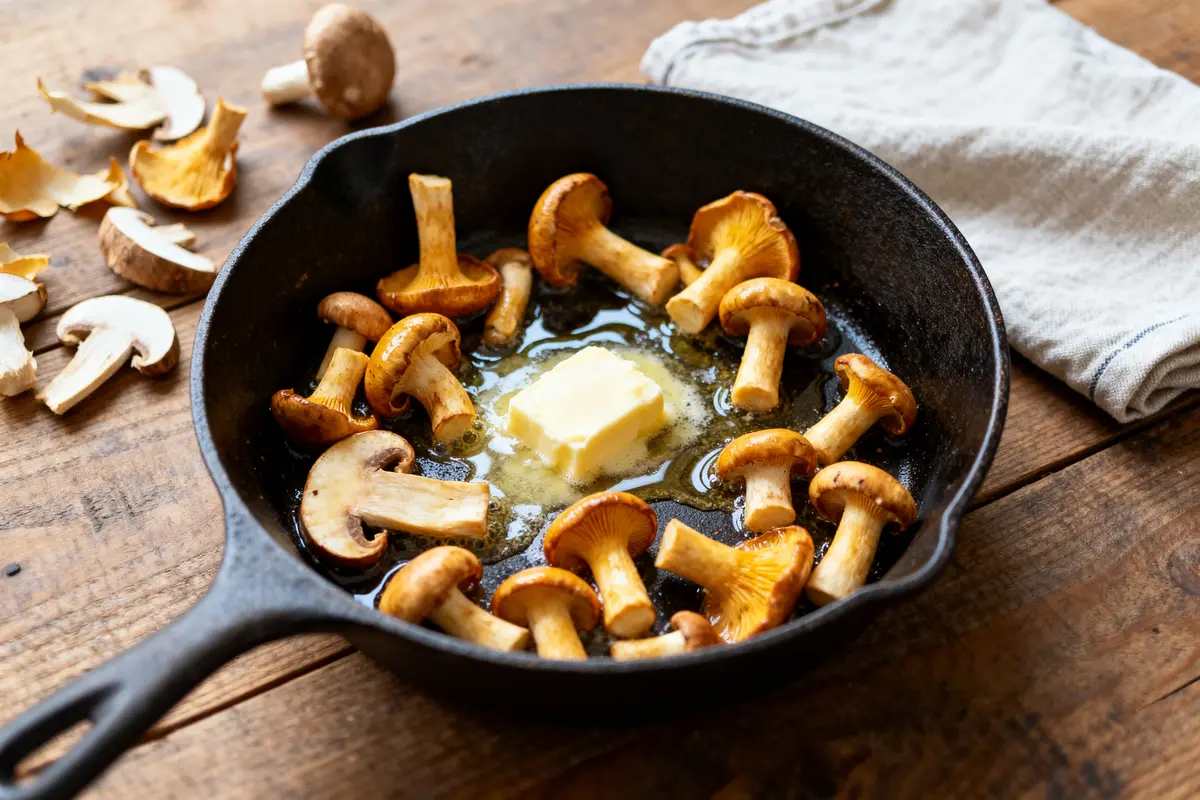 Chanterelles et beurre en train de fondre dans une poêle pour cuisson de la chanterelle