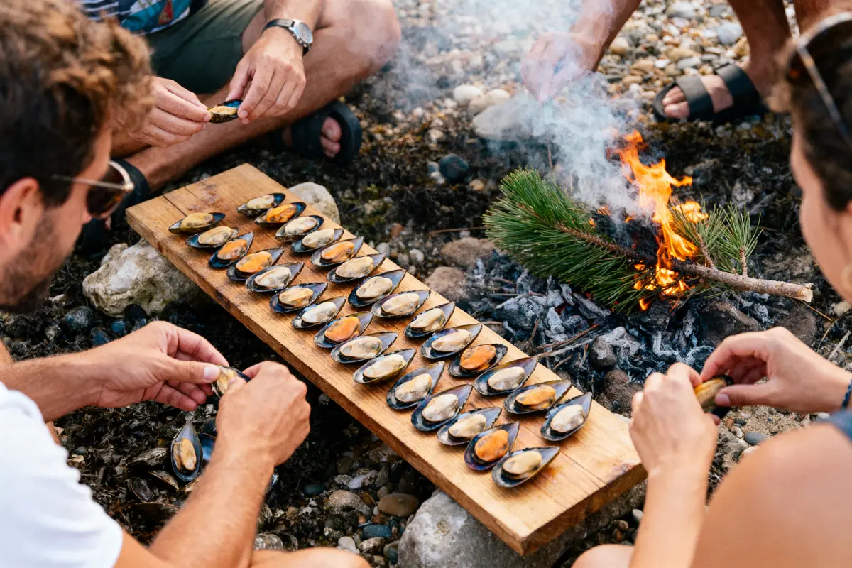 Personnes cuisinant des moules sur planche en bois près d'un feu de camp, entourées de pierres.