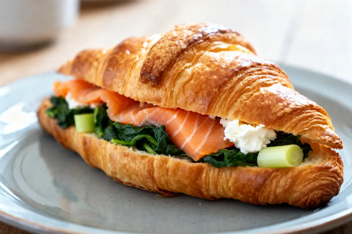 pexels-michal-pech-213601-757318 (1) Croissant feuilleté au saumon avec épinards et fromage sur une assiette grise