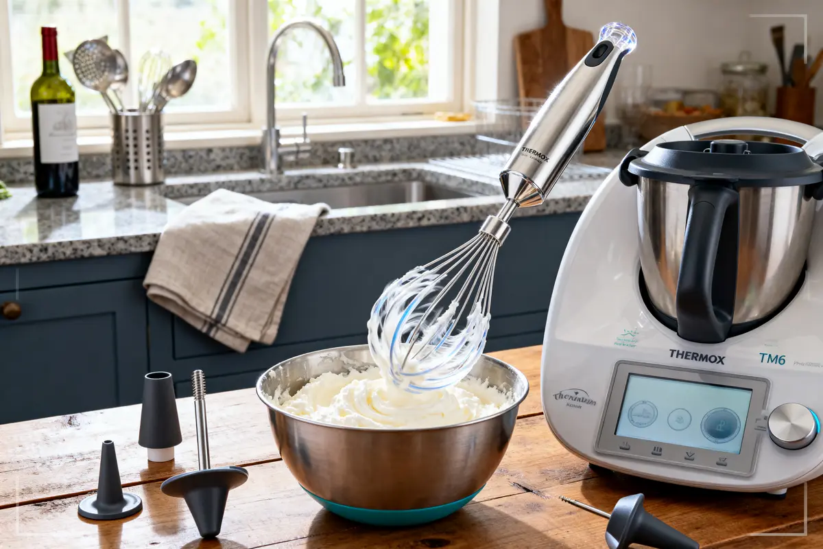 Robot de cuisine Thermomix avec fouet, bol de crème fouettée, accessoires et bouteille de vin dans une cuisine.