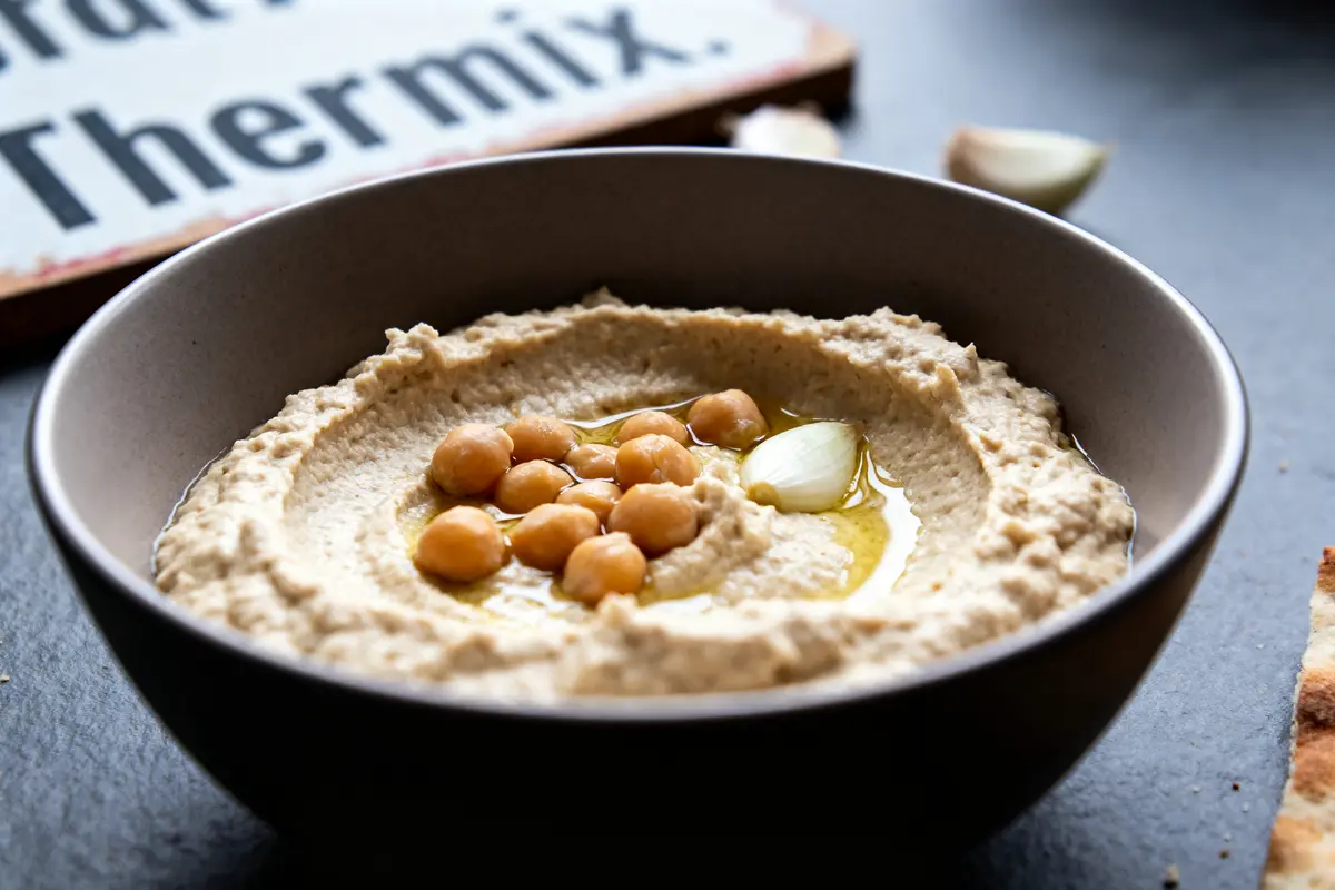 Bol de houmous garni de pois chiches et huile d'olive, avec pain en arrière-plan.