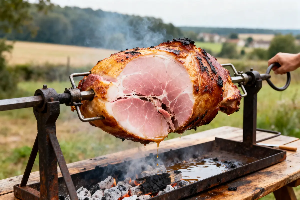 pexels-michal-pech-213601-757318 (1) Jambon à la broche en cuisson sur barbecue en plein air avec flammes et fumée