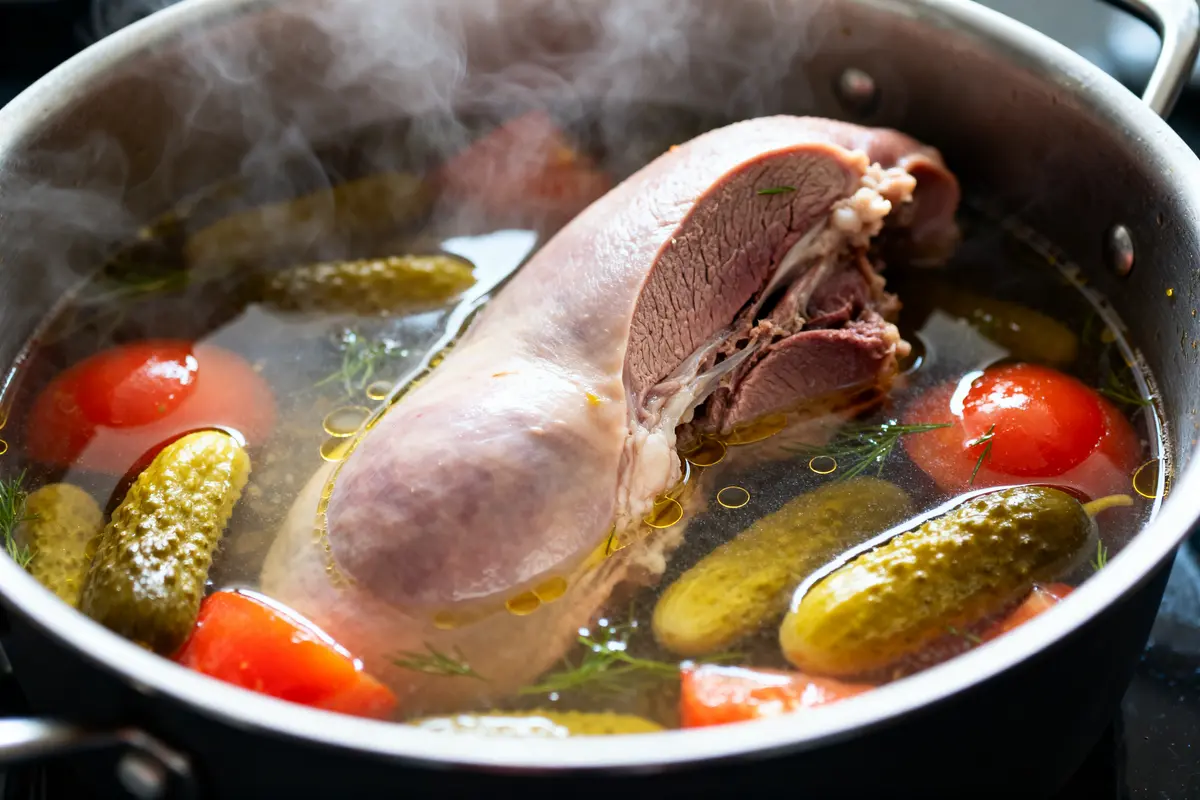 Langue de bœuf mijotée avec cornichons et tomates pour langue sauce piquante