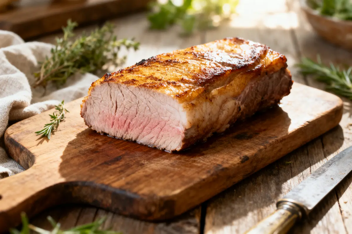 Rôti de viande juteux sur planche en bois, herbes fraîches et couteau à côté.