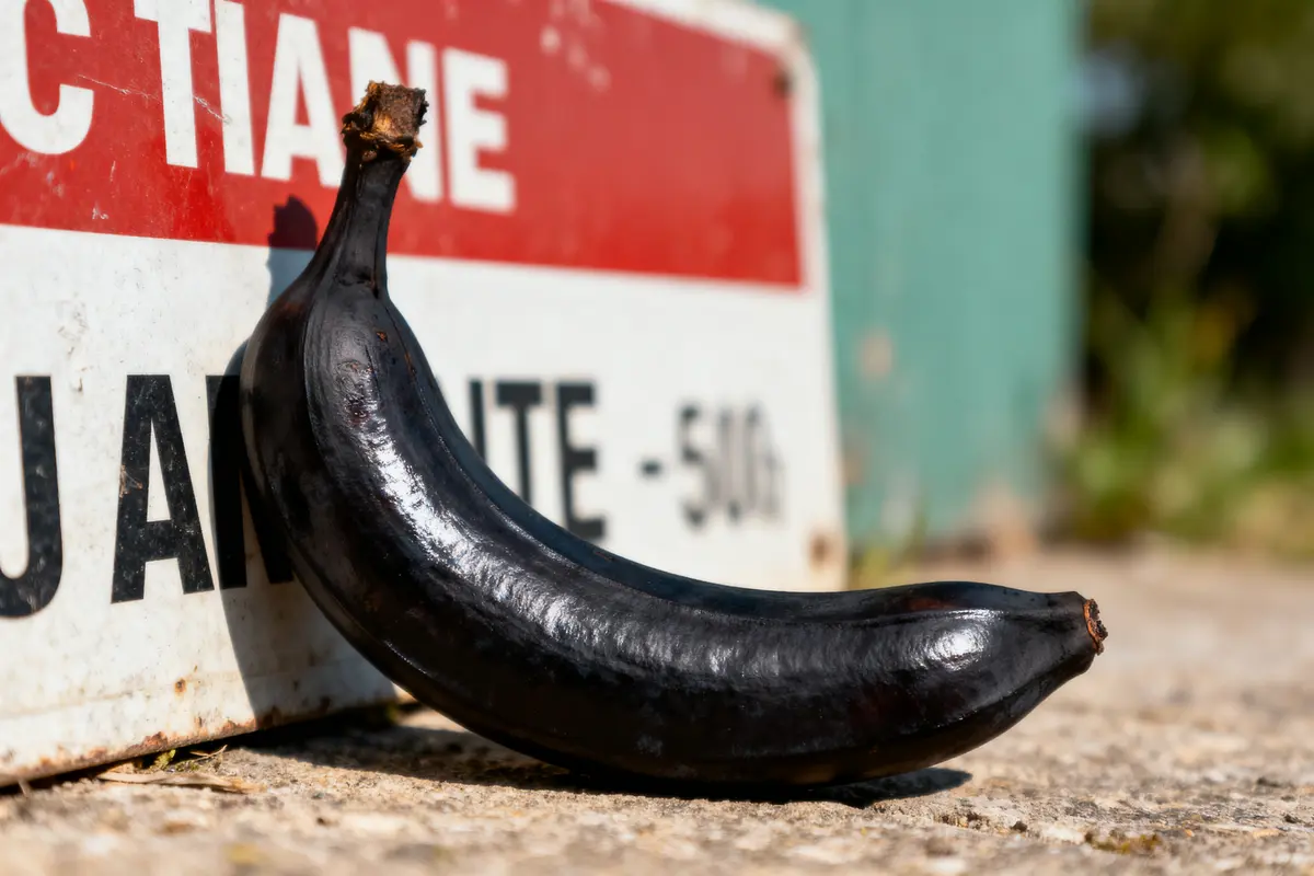 Banane mûre noire posée contre un panneau rouge et blanc, sur un sol bétonné ensoleillé.