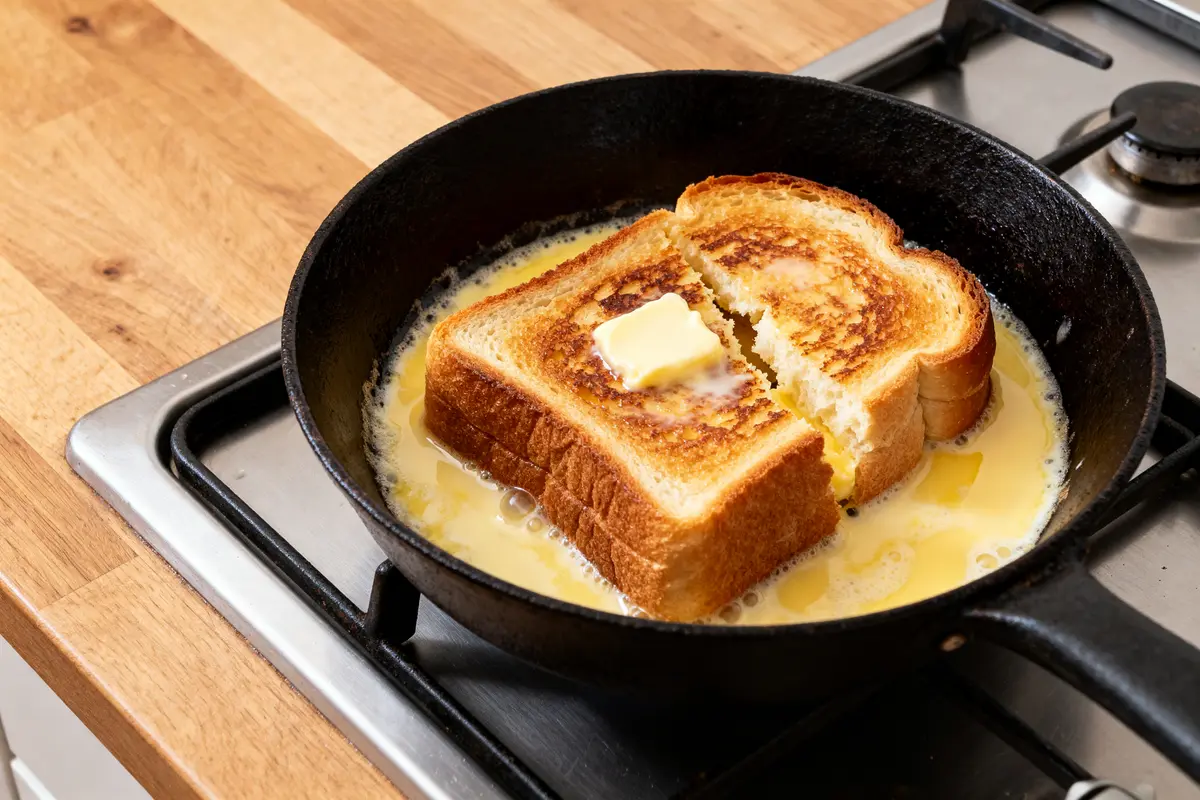 Tranches de pain perdu dorées avec beurre dans poêle noire sur cuisinière à gaz