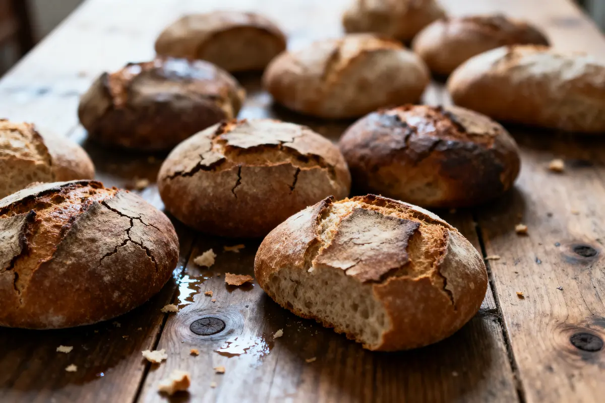 Boules de pain rustiques et croustillantes sur une table en bois, éclairage naturel.
