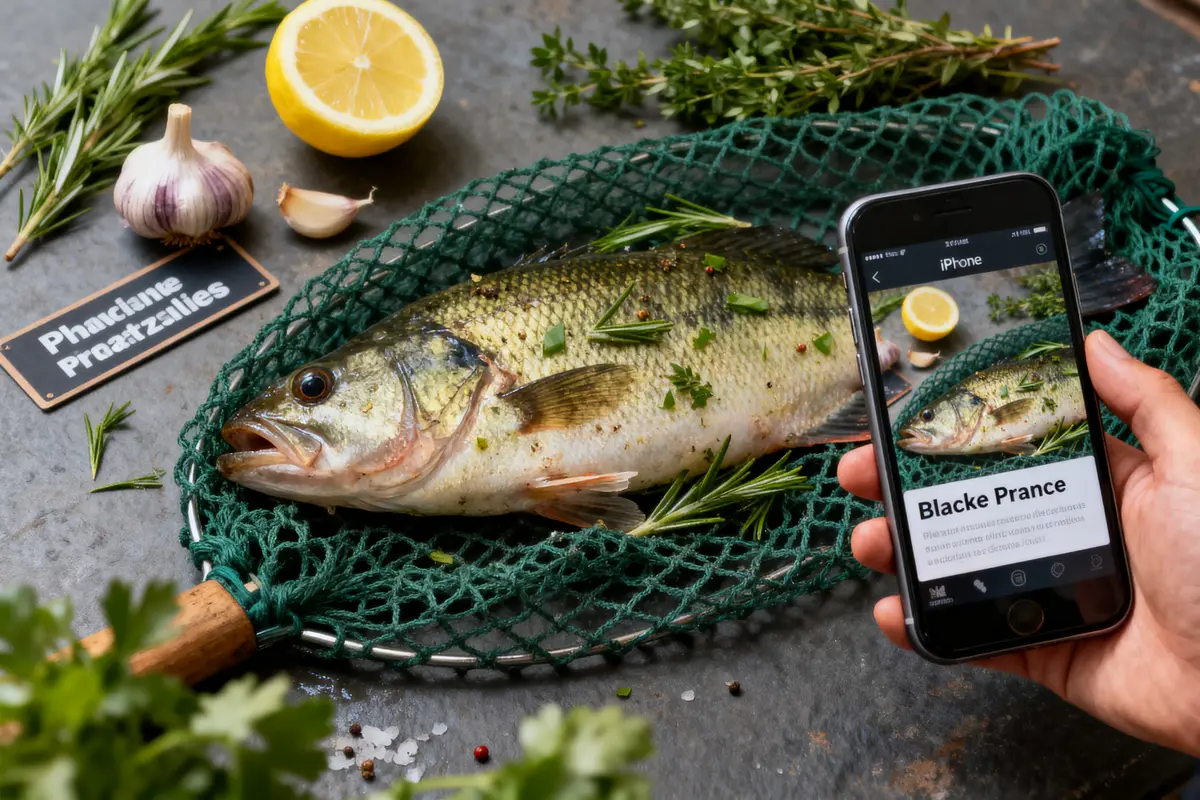 Poisson sur filet, herbes, ail, citron, main tenant téléphone affichant même image.