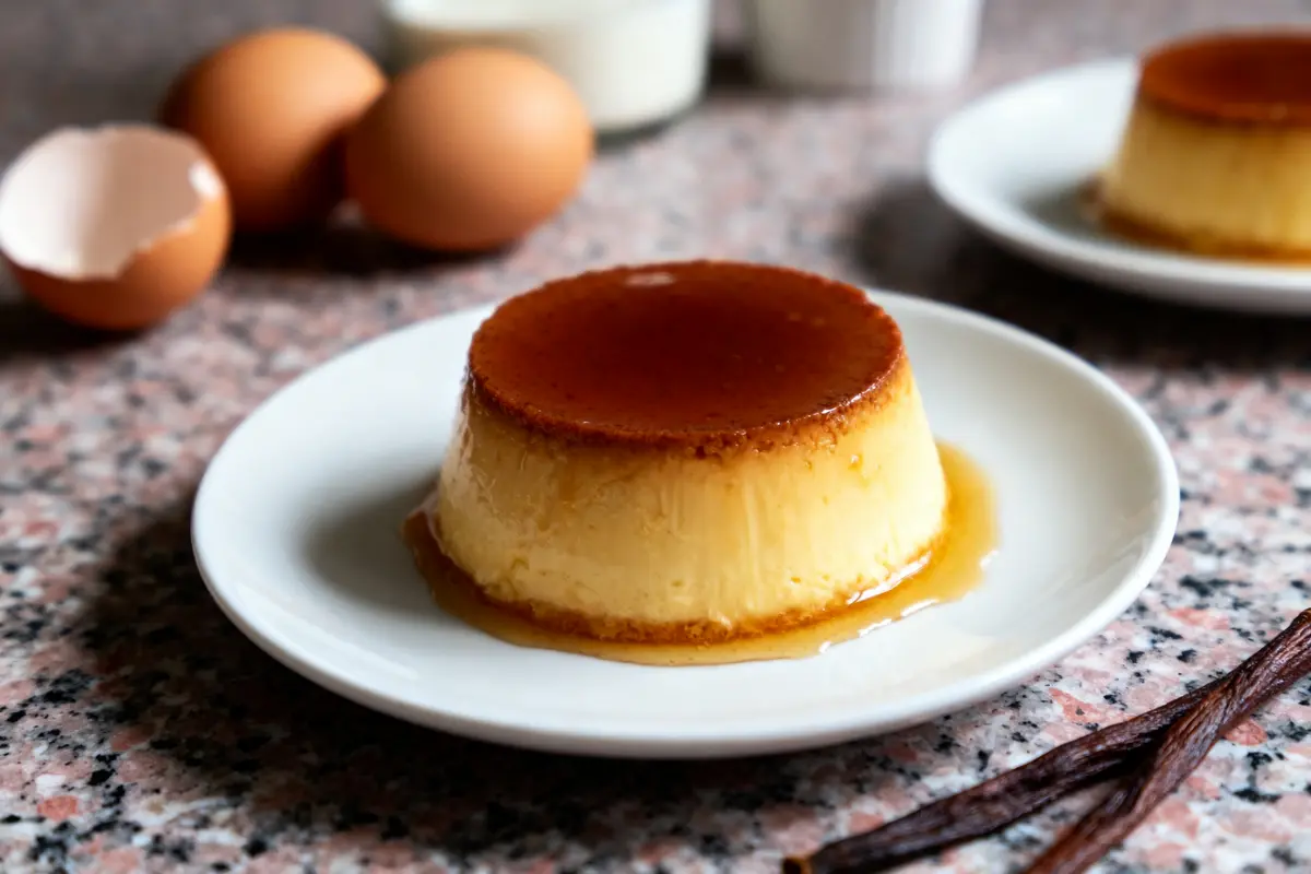 Flan au caramel sur assiette blanche, œufs cassés en arrière-plan sur surface marbrée.