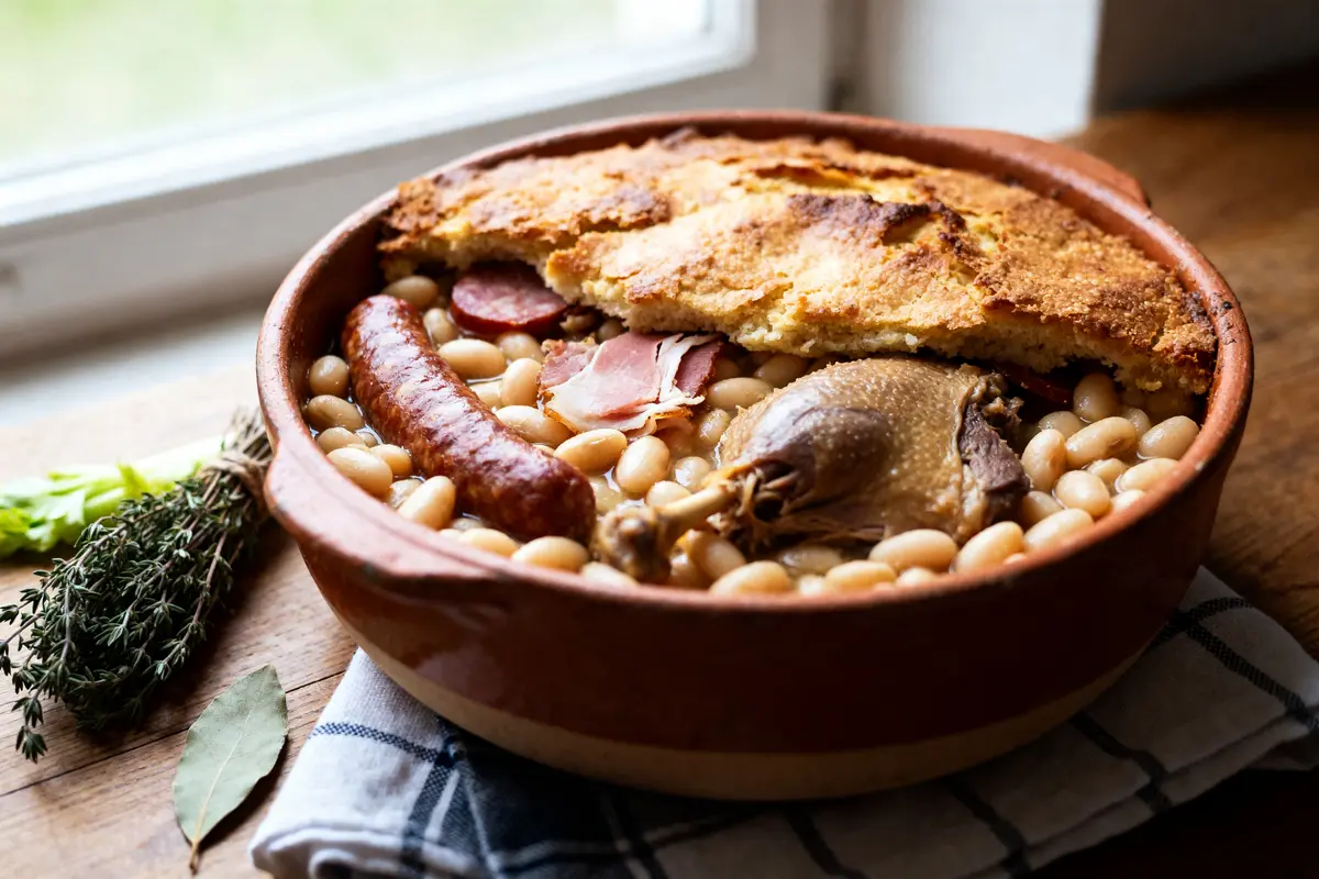 Cassoulet maison traditionnel en terre cuite selon une recette de grand-mère du cassoulet maison