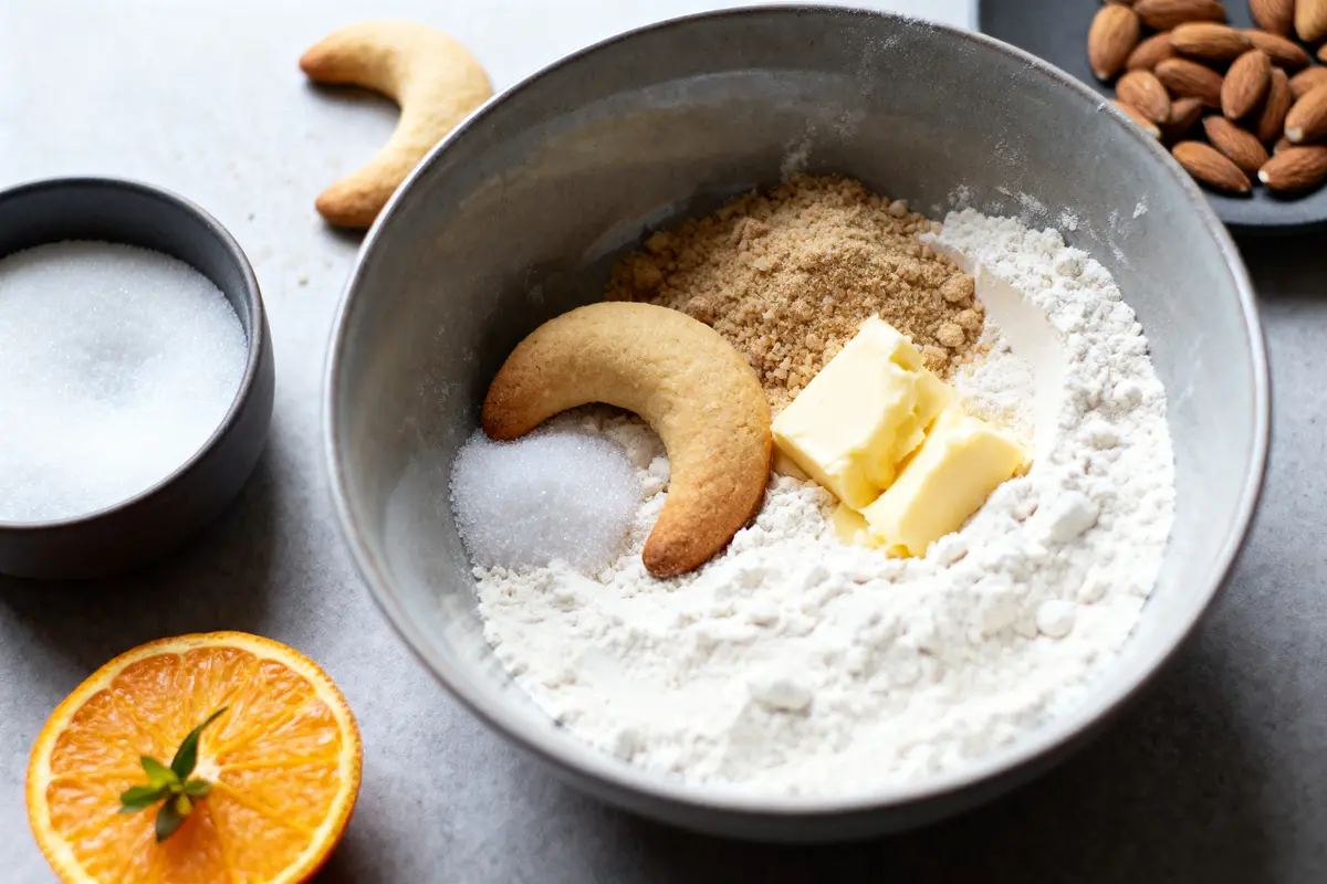 pexels-michal-pech-213601-757318 (1) Bol avec farine, beurre, sucre, biscuits en croissant, amandes, sucre et demi-orange en arrière-plan.
