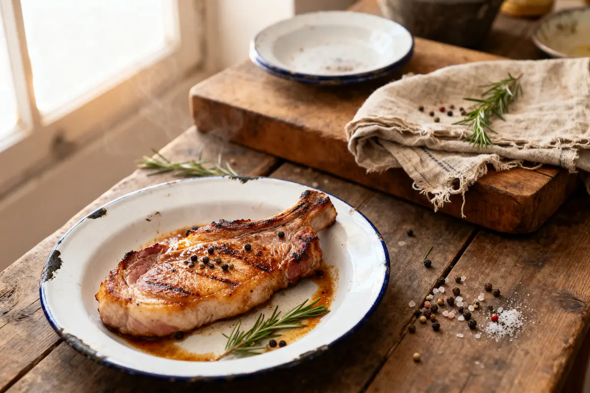 Assiette avec côte de porc grillée, romarin, poivre sur table en bois rustique, nappe de lin beige.