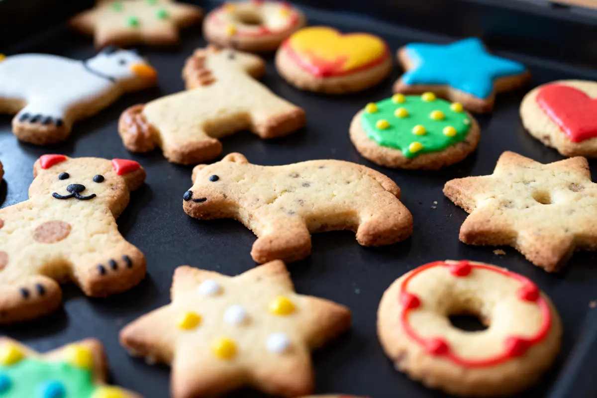 Biscuits de Noël en formes d'animaux, étoiles, cœurs, avec glaçage coloré, sur une plaque noire.