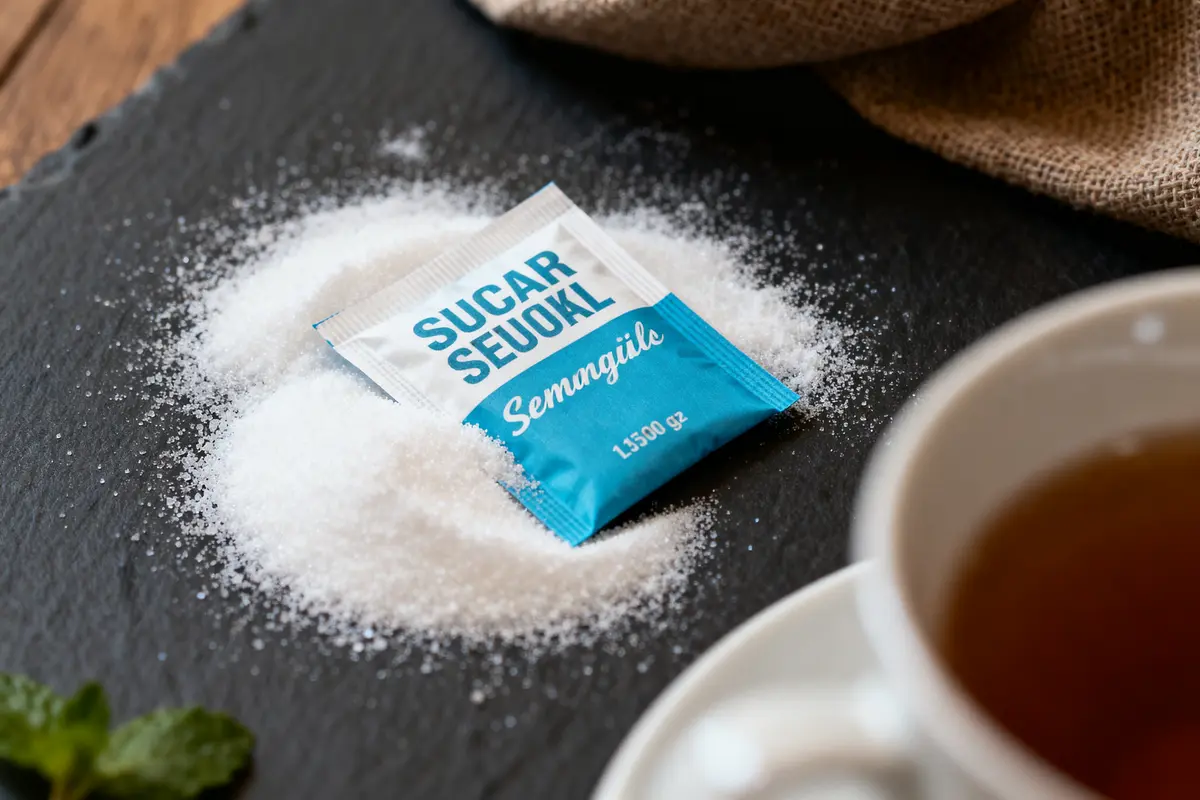 Sachet de sucre bleu sur du sucre, à côté d'une tasse de thé et d'une feuille de menthe.