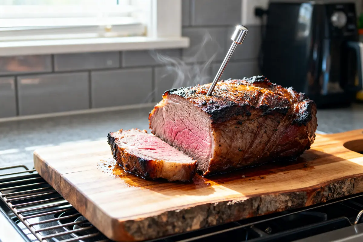 Rôti de boeuf cuit avec thermomètre, illustrant le temps de cuisson d'un rôti de boeuf de 1 kg