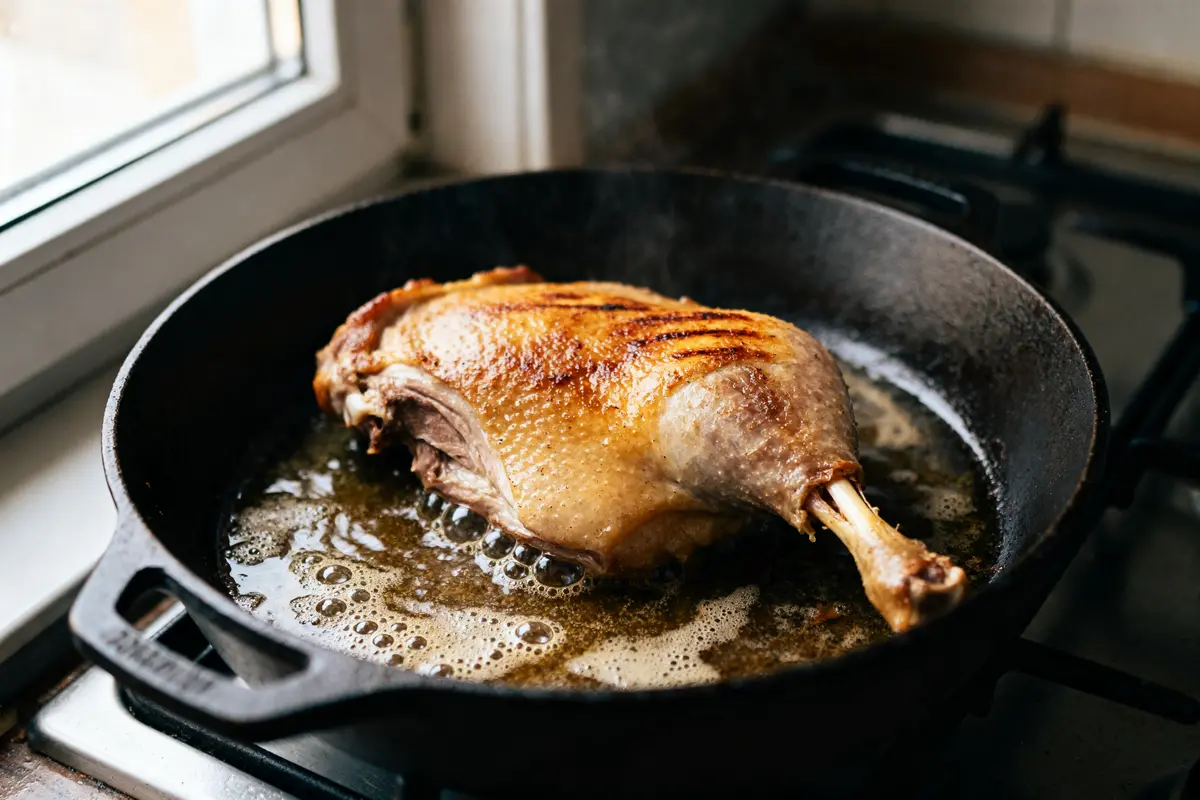 pexels-michal-pech-213601-757318 (1) Cuisson d'une cuisse de canard dorée dans une cocotte en fonte sur gazinière.