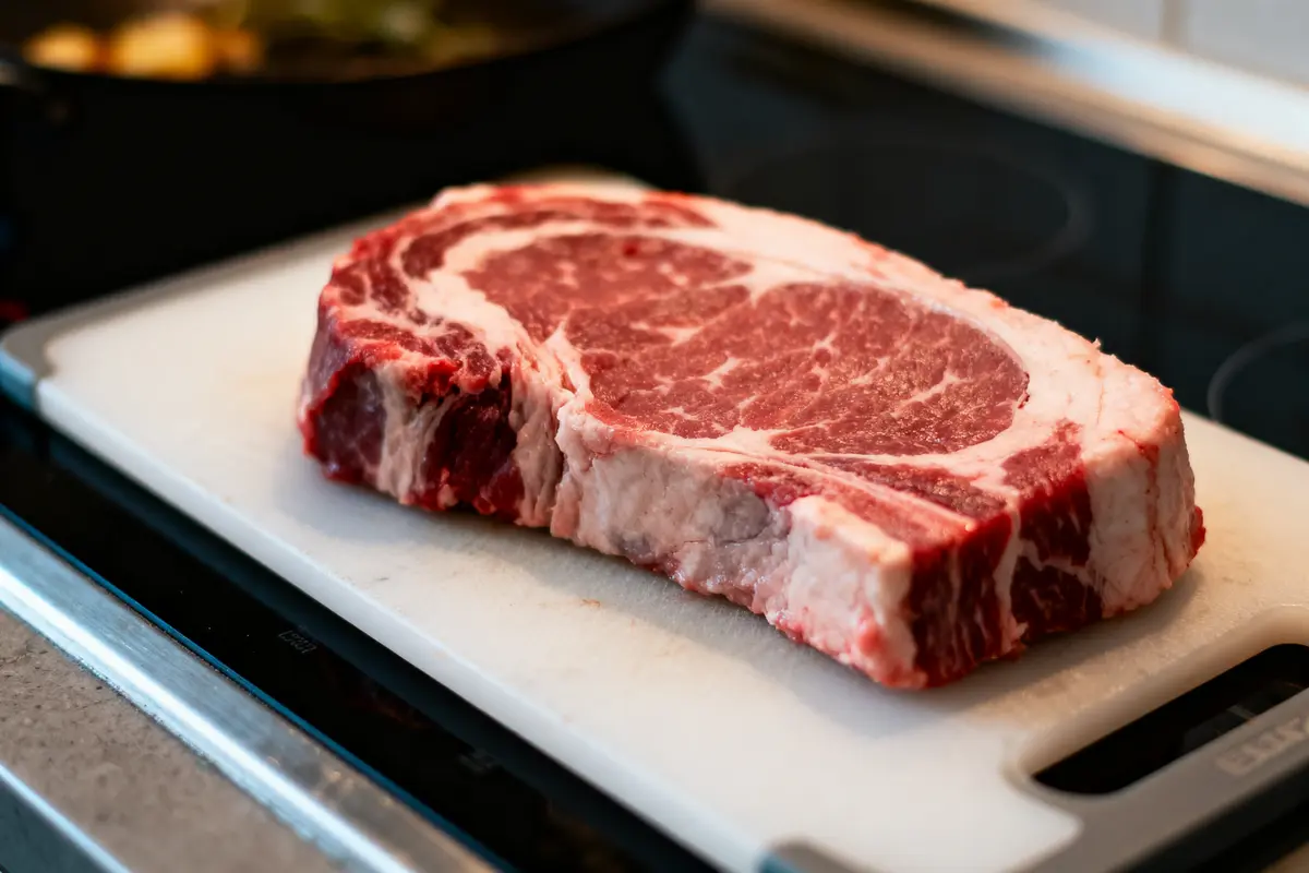 Tranche épaisse de bœuf marbrée posée sur une planche à découper blanche en cuisine.